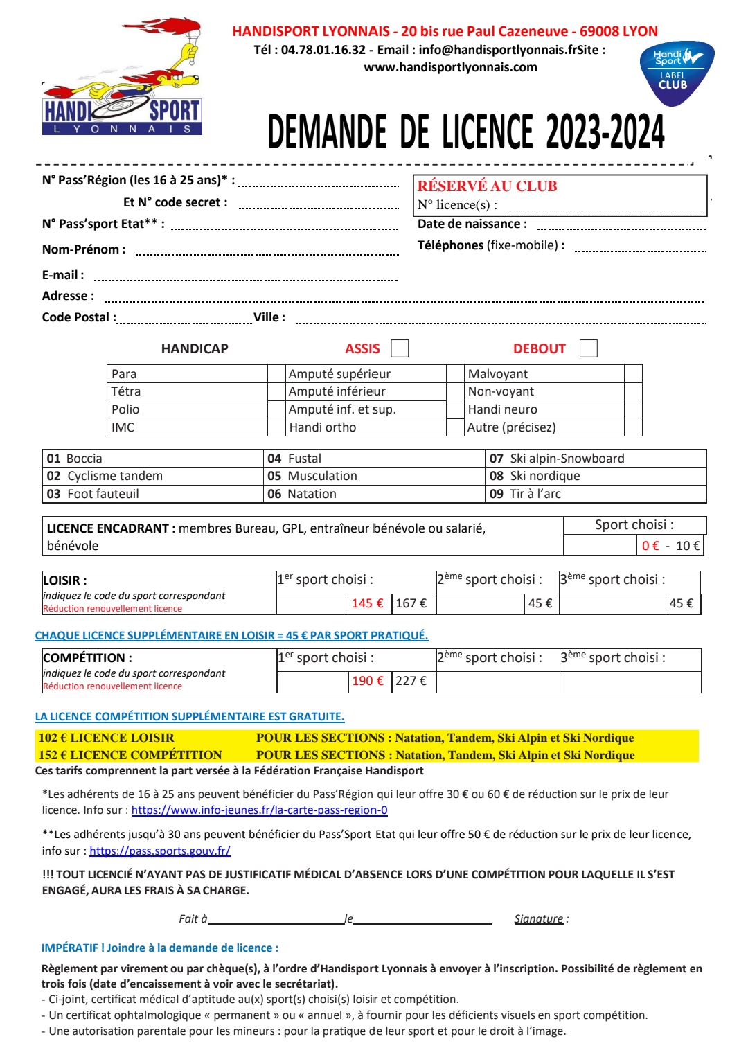 * Licences Handisport Lyonnais